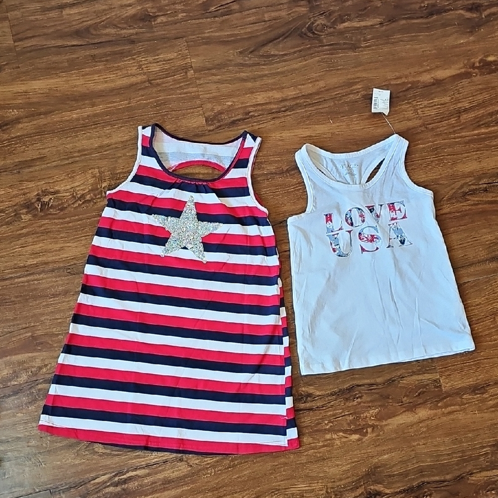 The Childrens Place Striped Star Tank Dress and White Tank Top Bundle Size S 5/6